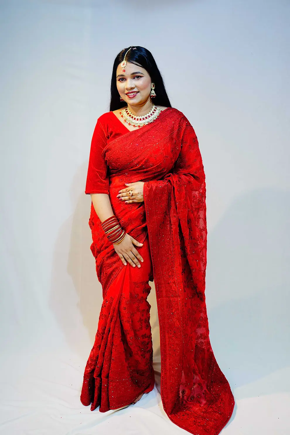 Red Soft Seemari Georgette Saree with Matching Blouse & Glass Stone Work